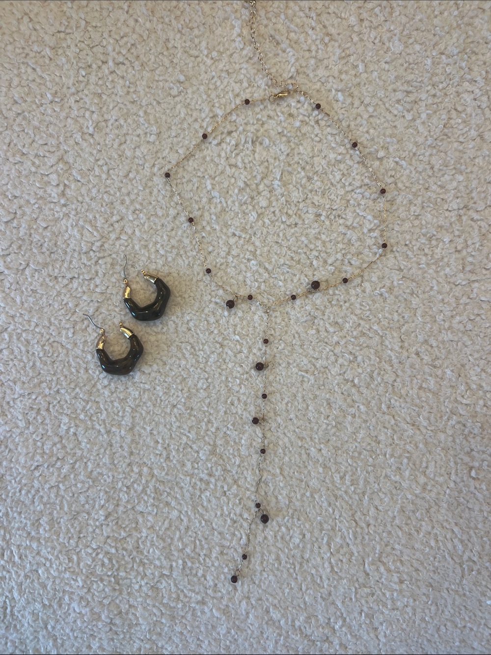 H&M Gold Lariat Necklace and earrings with Dark Red Beads